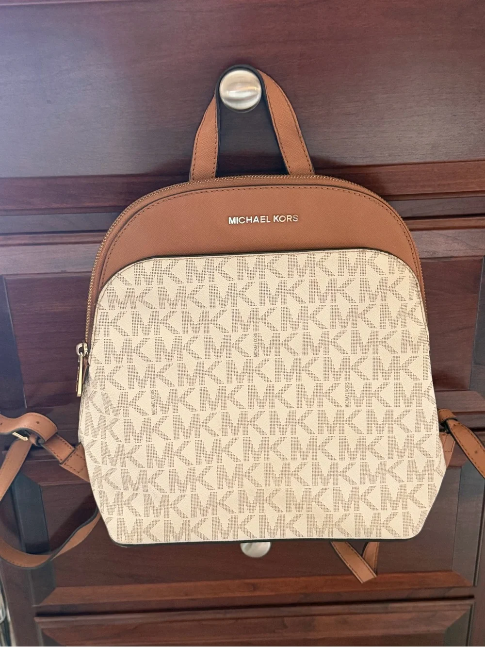 Michael Kors Beige Signature Canvas and Tan Leather Backpack